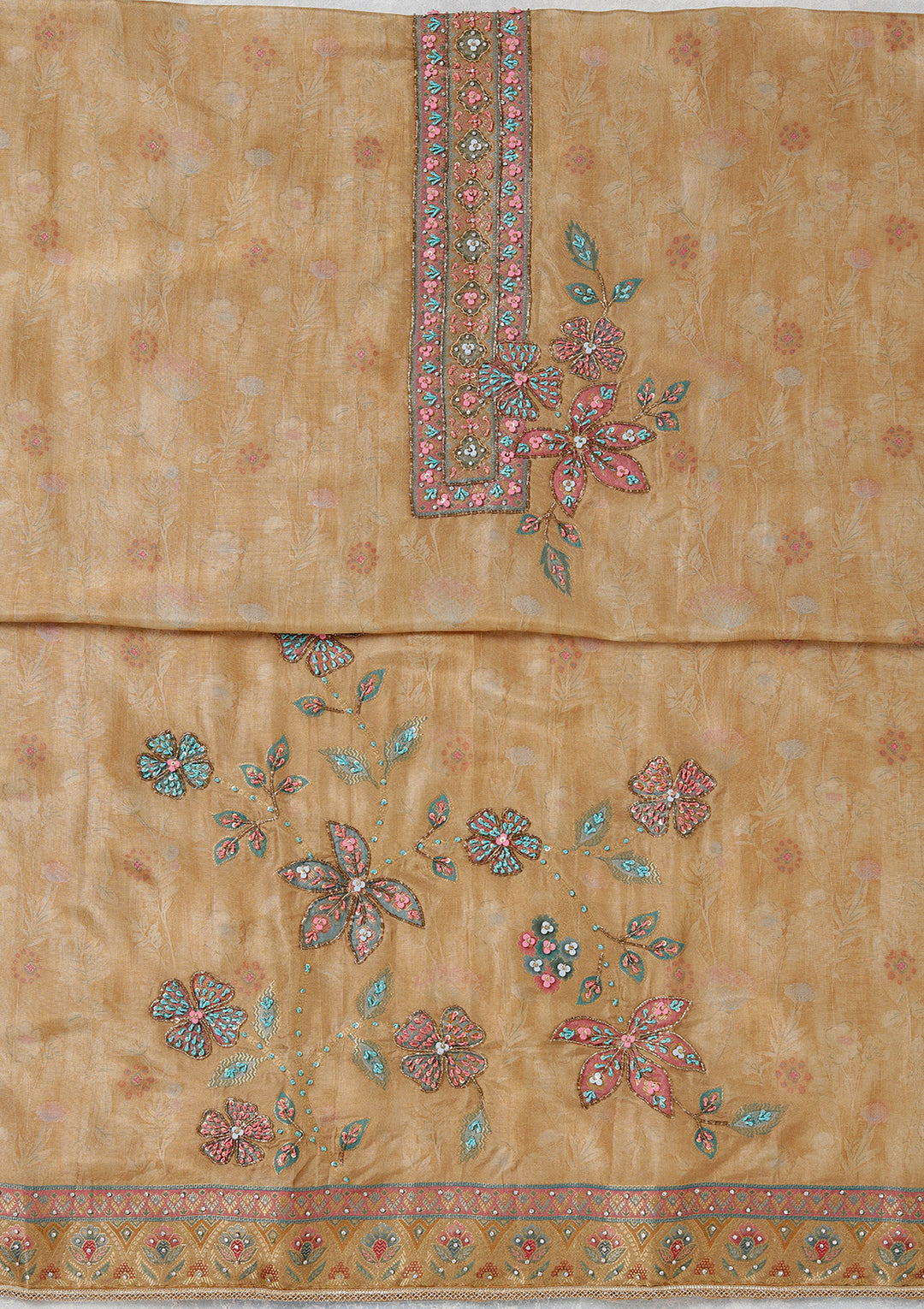 Beige Zariwork (Gold) Organza Unstitched Salwar Suit