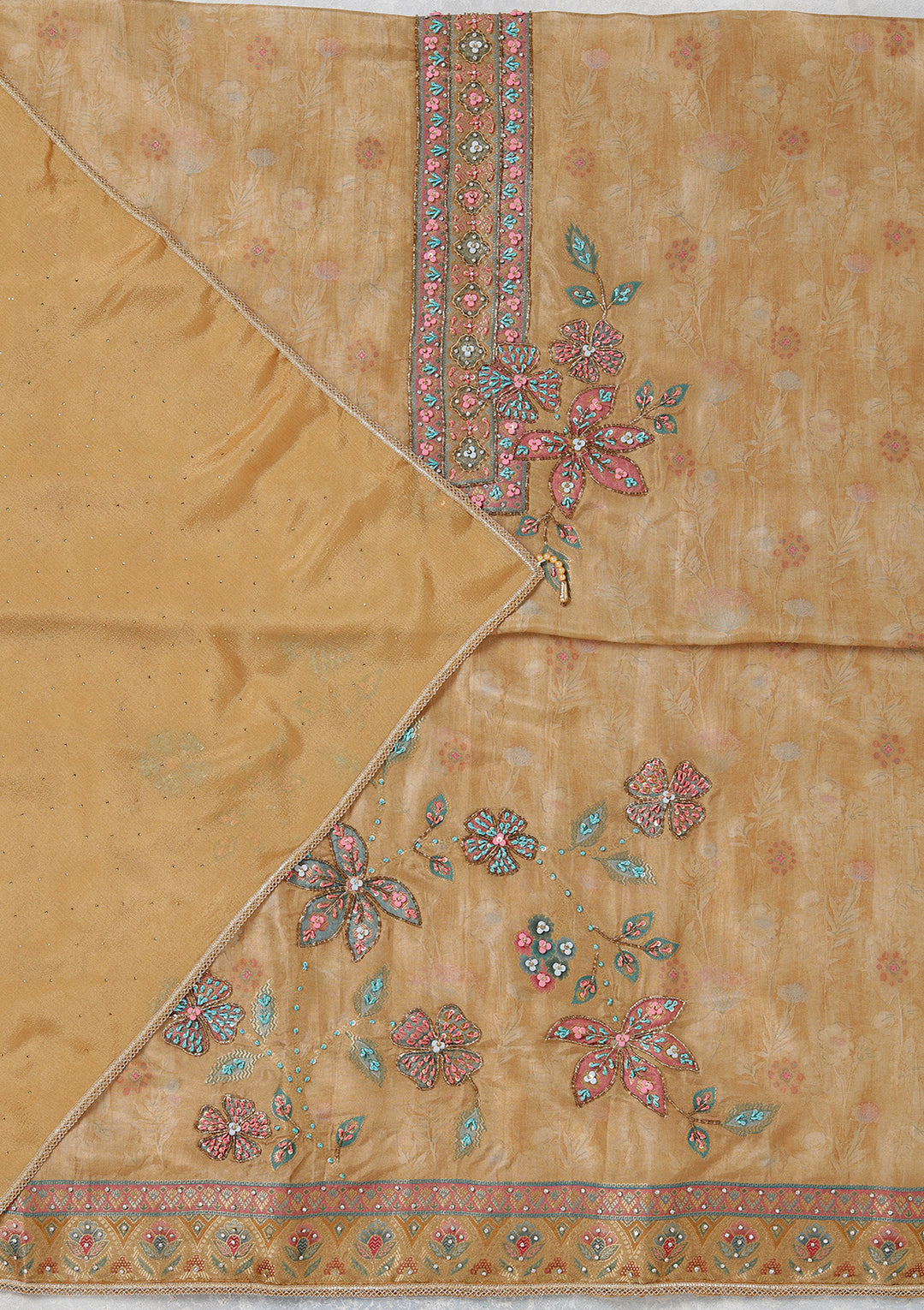 Beige Zariwork (Gold) Organza Unstitched Salwar Suit