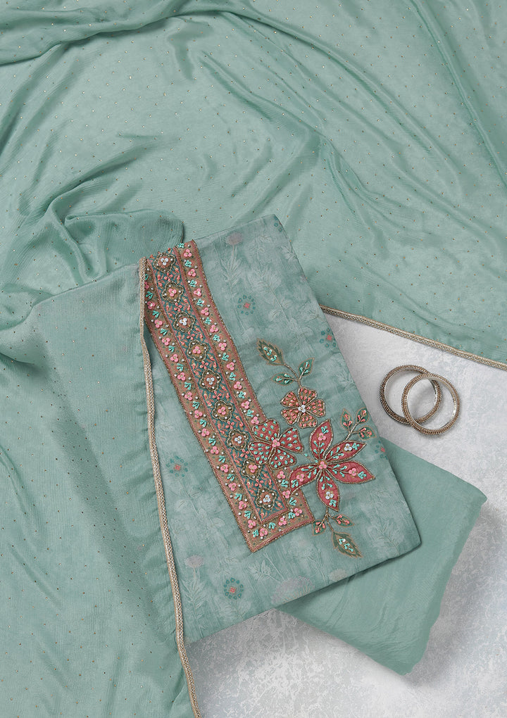 Sky Blue Zariwork (Gold) Organza Unstitched Salwar Suit