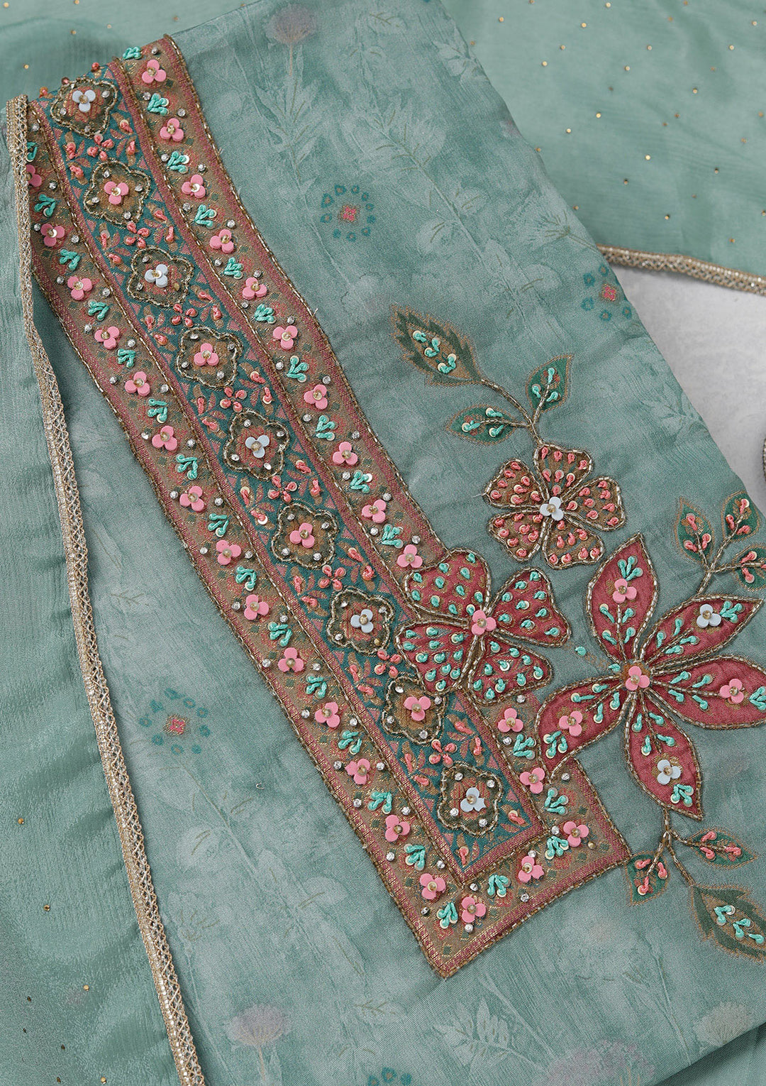 Sky Blue Zariwork (Gold) Organza Unstitched Salwar Suit