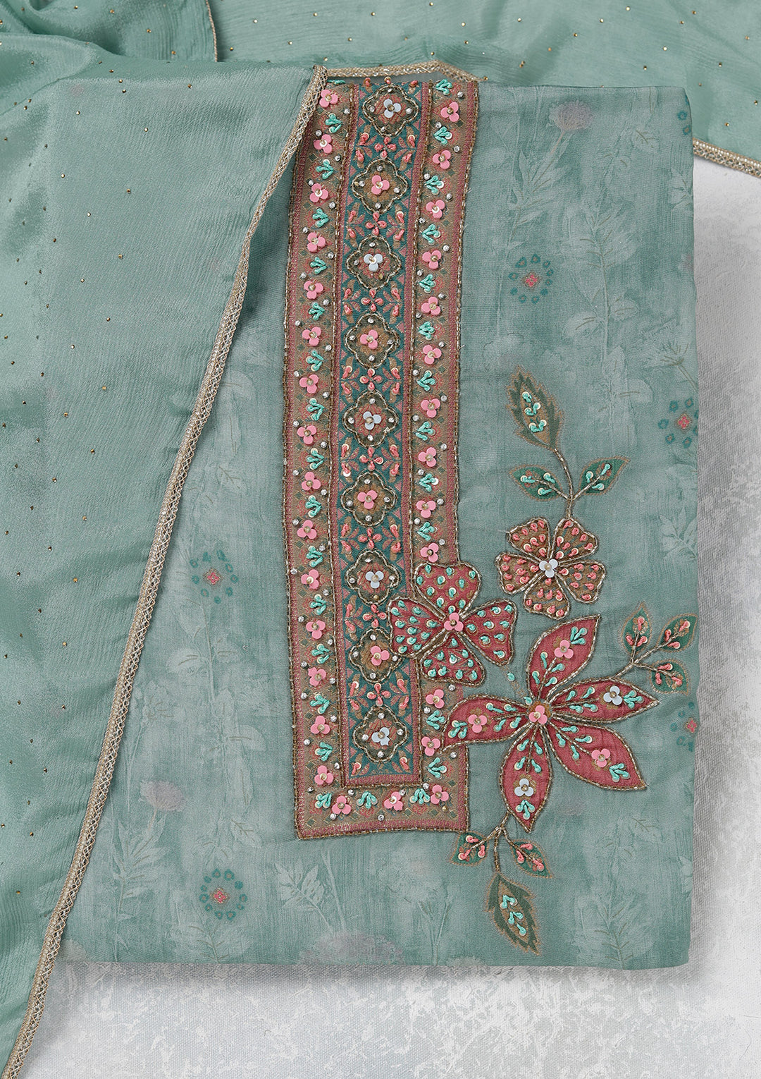 Sky Blue Zariwork (Gold) Organza Unstitched Salwar Suit