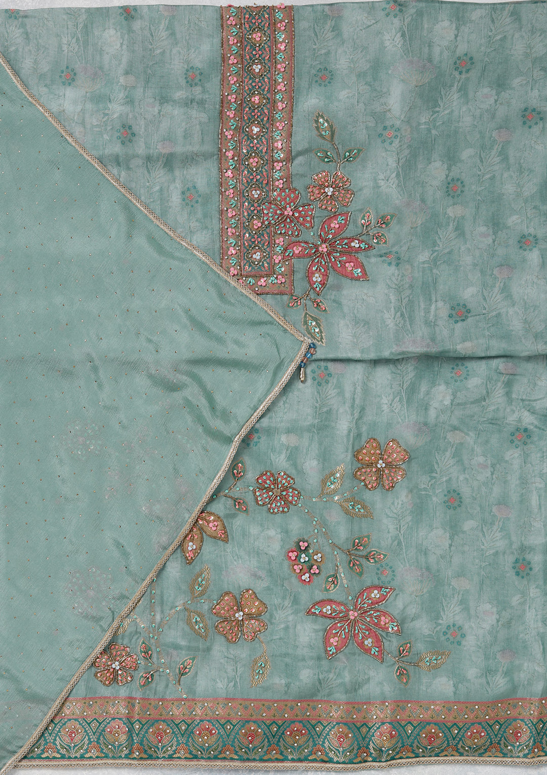 Sky Blue Zariwork (Gold) Organza Unstitched Salwar Suit
