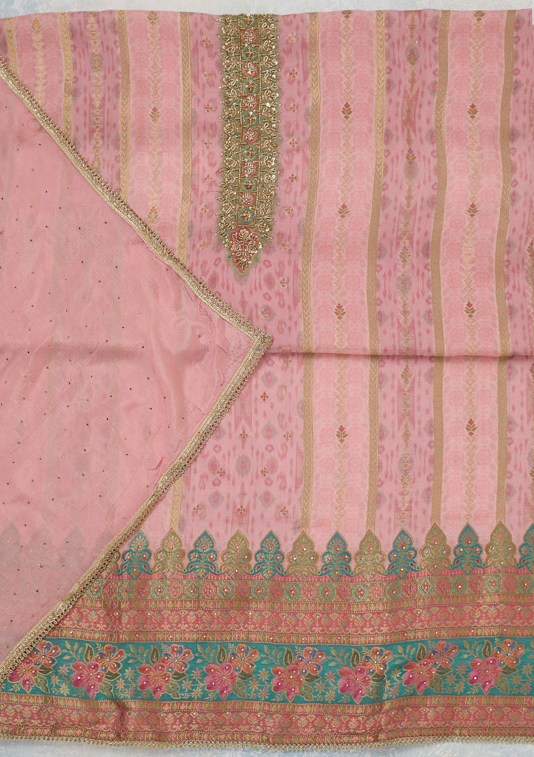 Baby Pink Zariwork (Gold) Organza Unstitched Salwar Suit