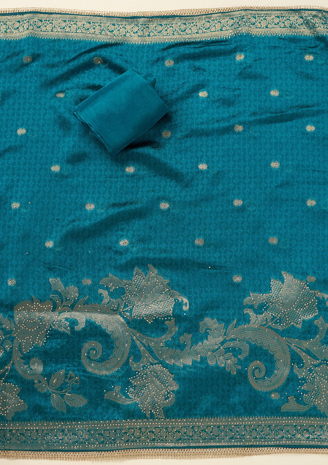 Turquoise Blue Zariwork (Gold) Dola Silk Unstitched Salwar Suit