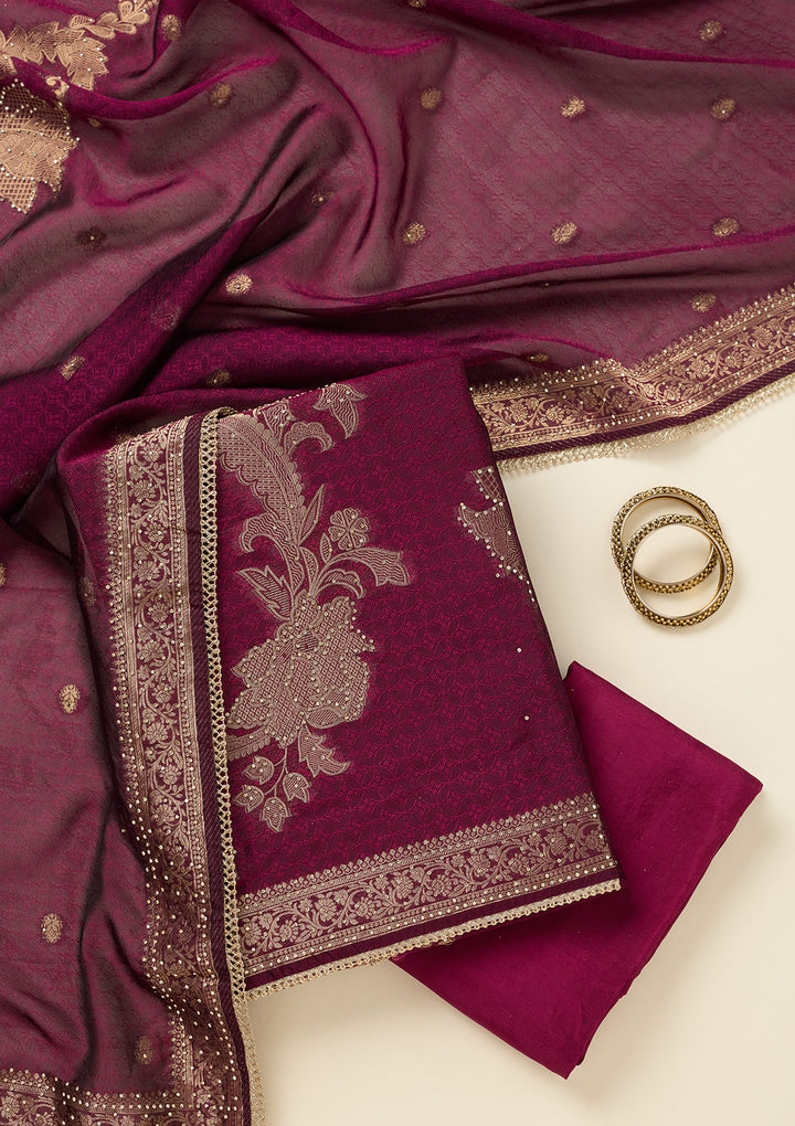 Wine Zariwork (Gold) Dola Silk Unstitched Salwar Suit