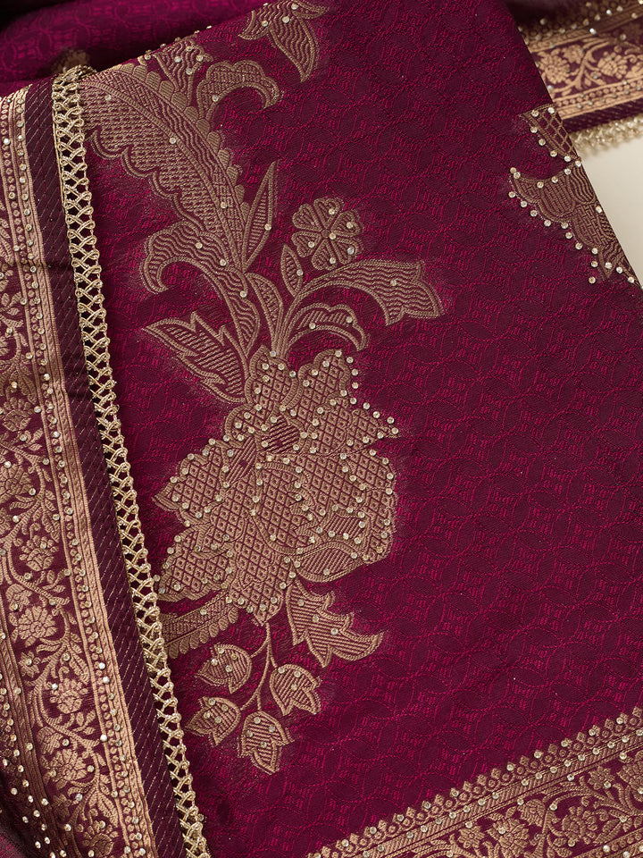 Wine Zariwork (Gold) Dola Silk Unstitched Salwar Suit