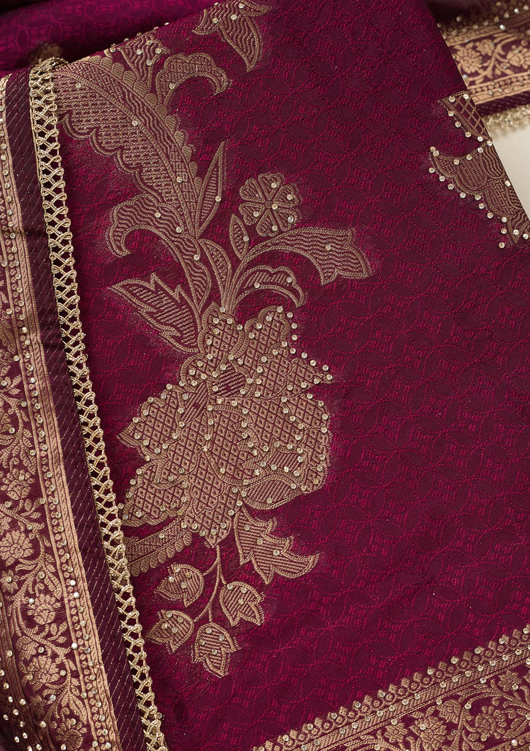 Wine Zariwork (Gold) Dola Silk Unstitched Salwar Suit