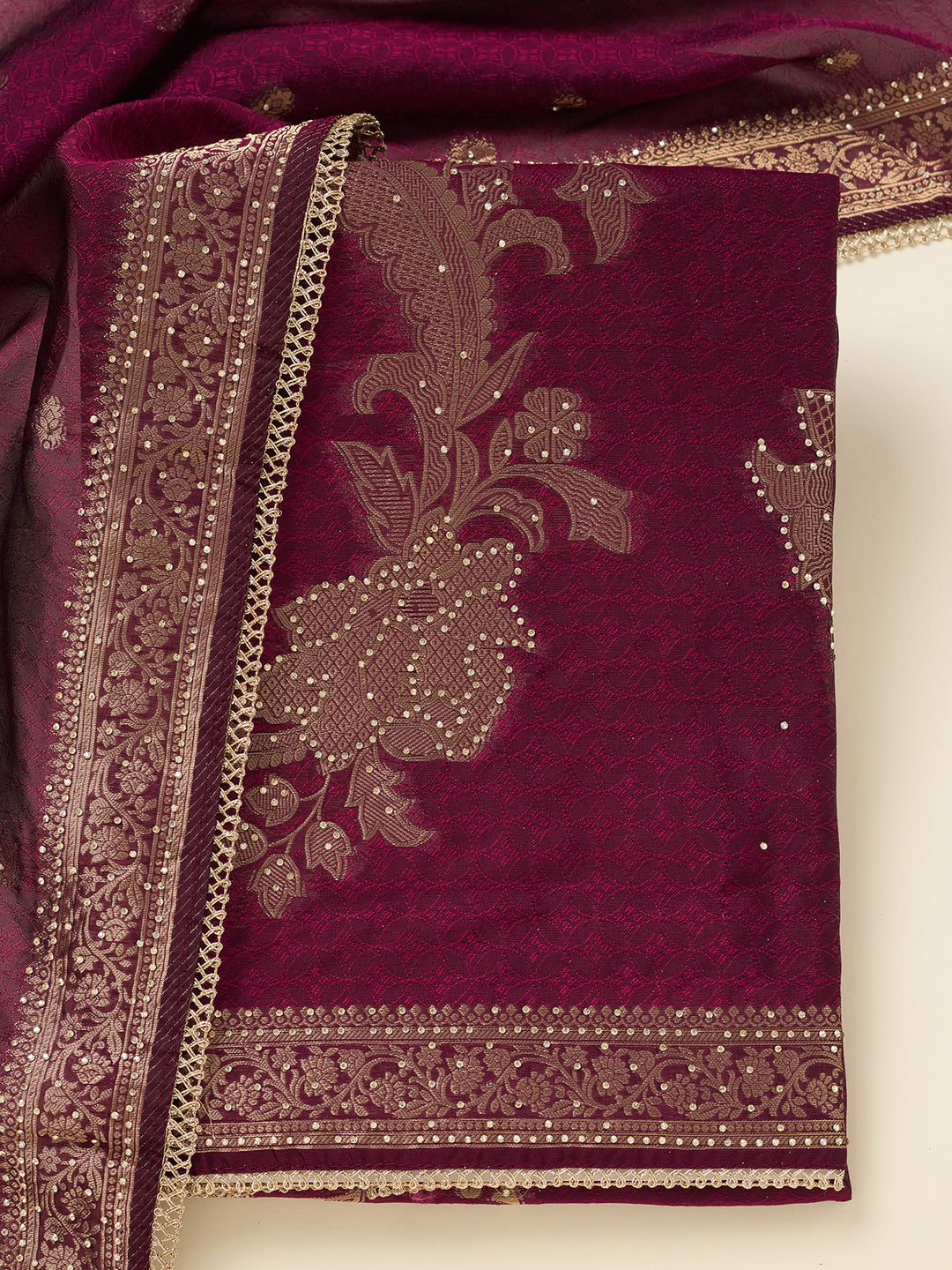 Wine Zariwork (Gold) Dola Silk Unstitched Salwar Suit