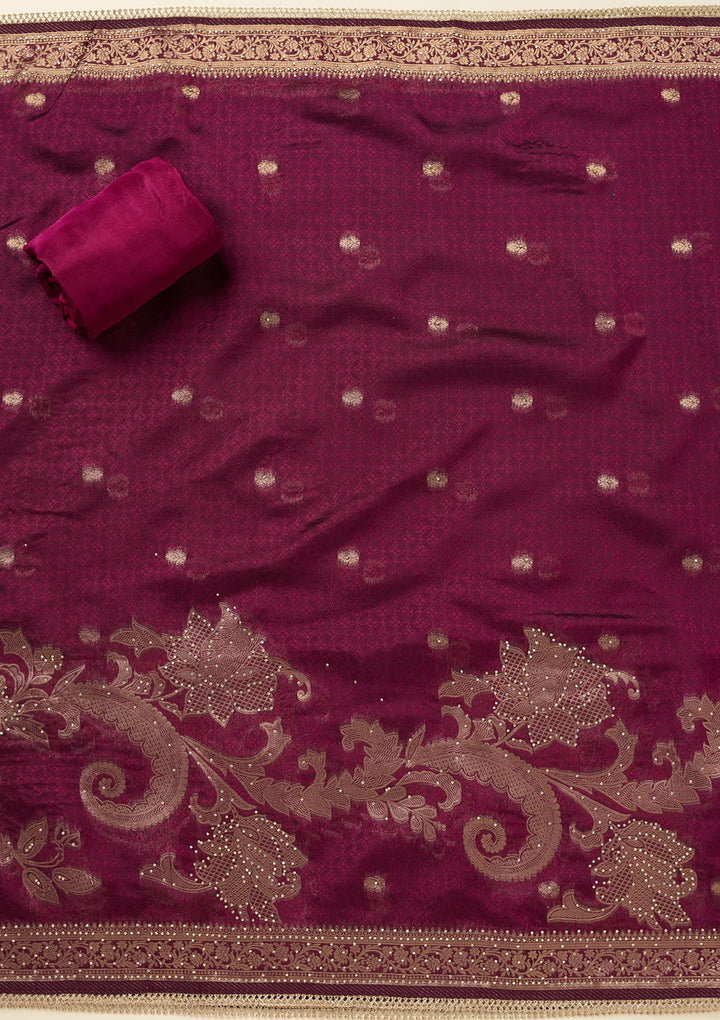 Wine Zariwork (Gold) Dola Silk Unstitched Salwar Suit
