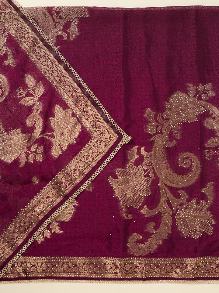 Wine Zariwork (Gold) Dola Silk Unstitched Salwar Suit