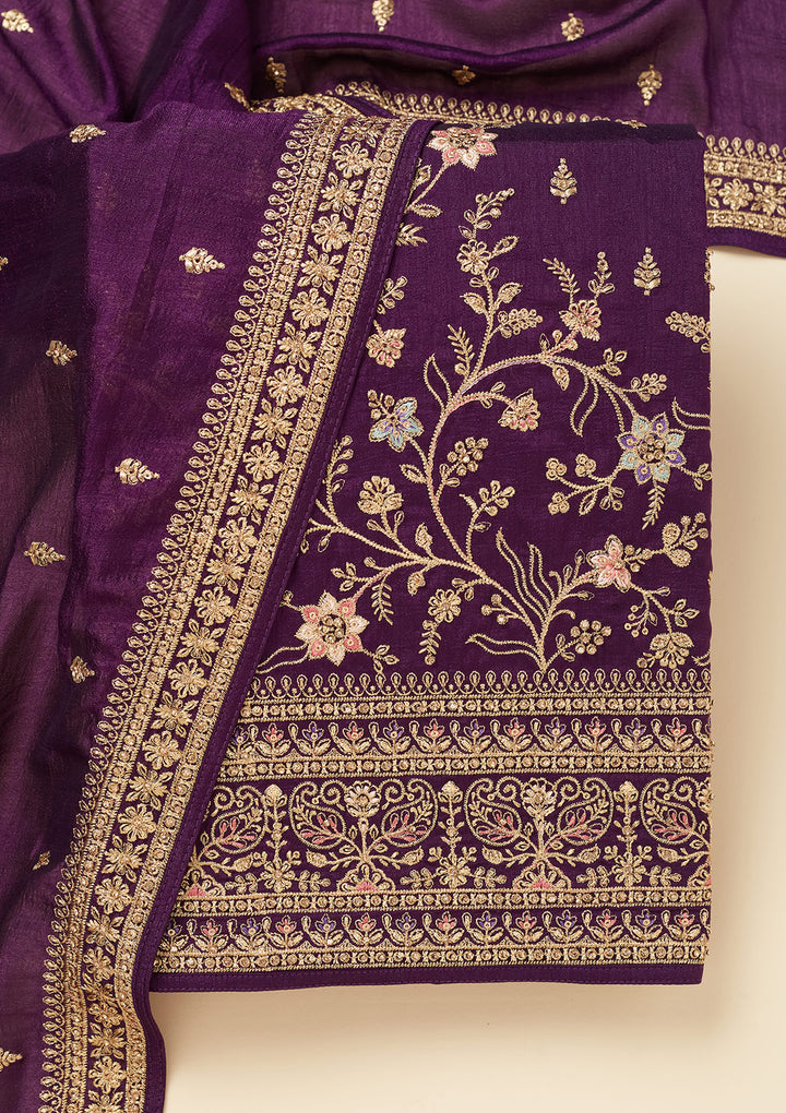 Purple Cording Soft Raw Silk Unstitched Salwar Suit