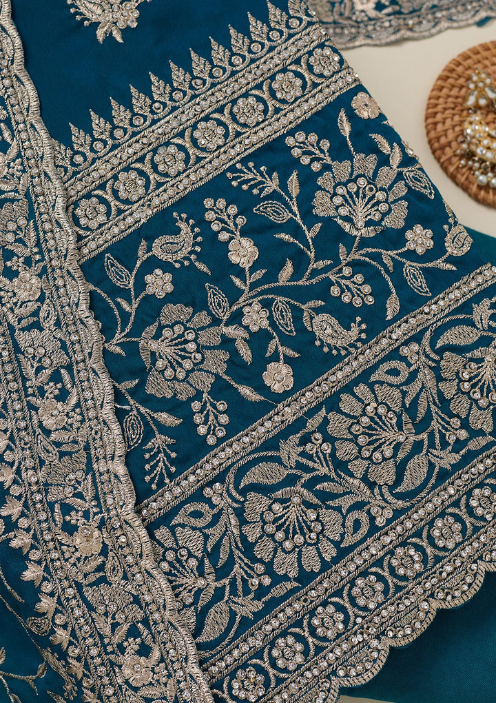 Peacock Blue Zariwork (Silver) Semi Crepe Unstitched Salwar Suit