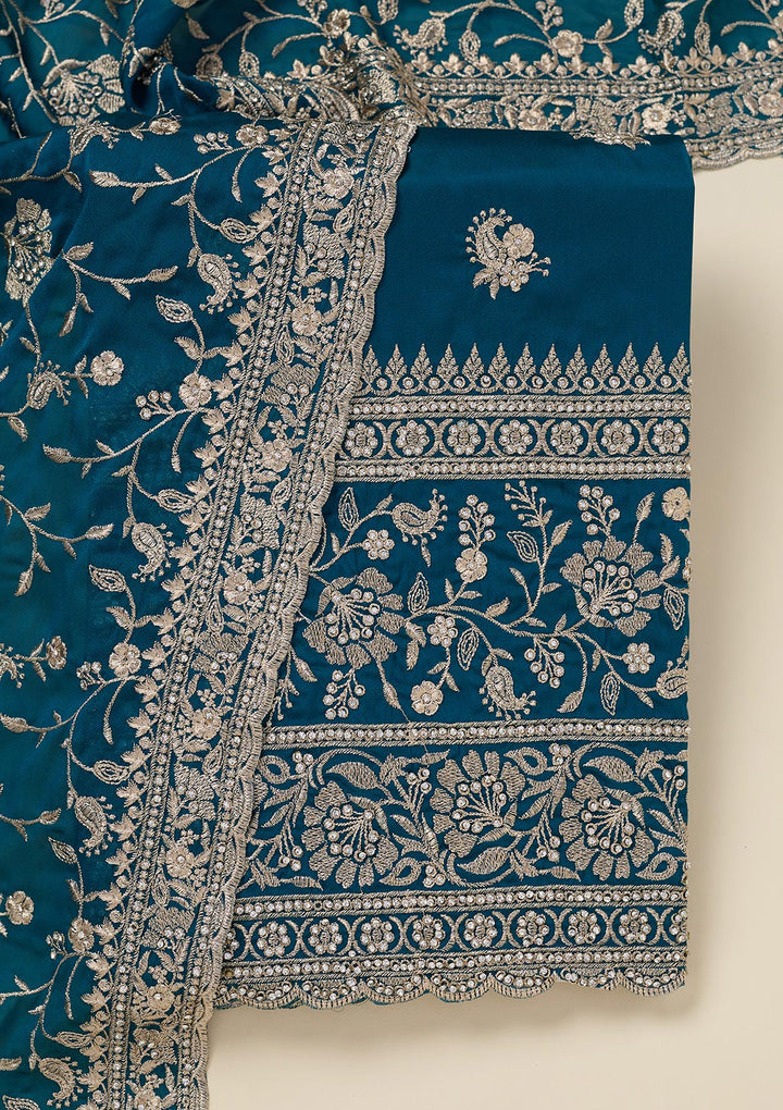 Peacock Blue Zariwork (Silver) Semi Crepe Unstitched Salwar Suit