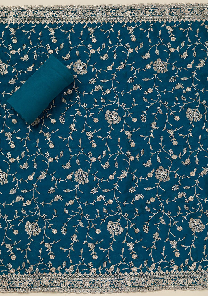 Peacock Blue Zariwork (Silver) Semi Crepe Unstitched Salwar Suit