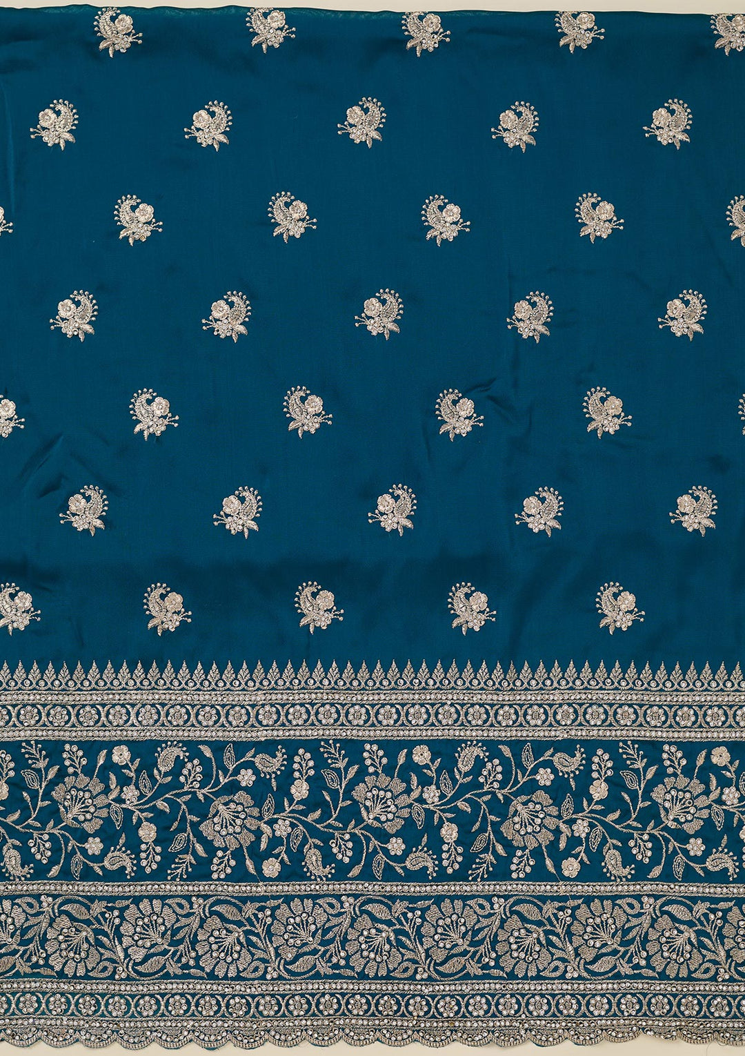 Peacock Blue Zariwork (Silver) Semi Crepe Unstitched Salwar Suit