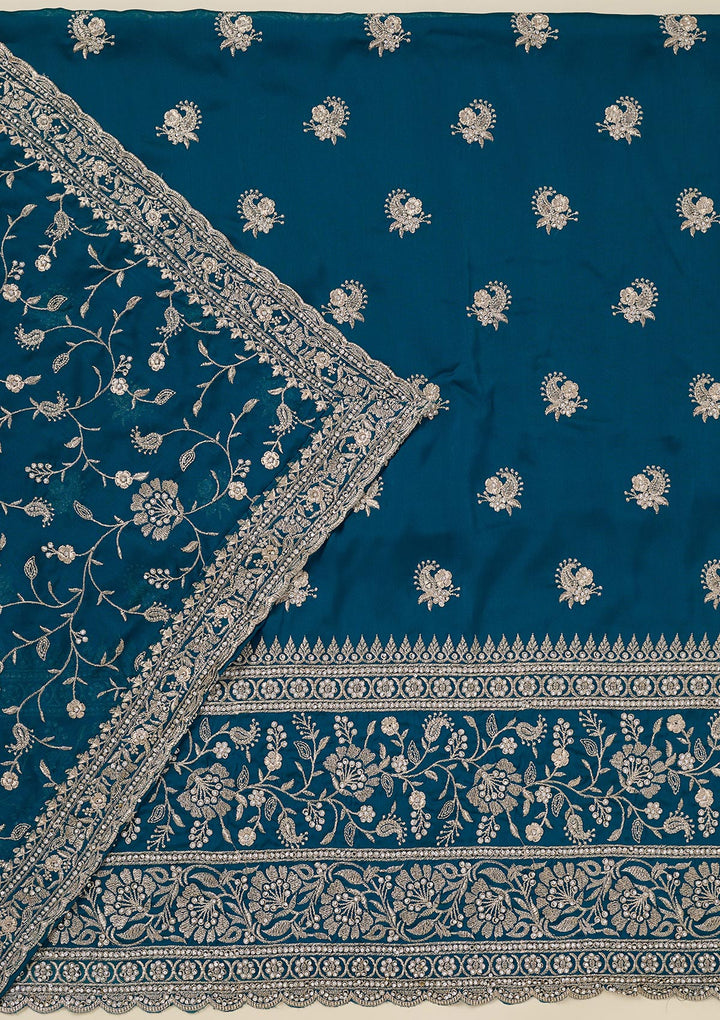 Peacock Blue Zariwork (Silver) Semi Crepe Unstitched Salwar Suit