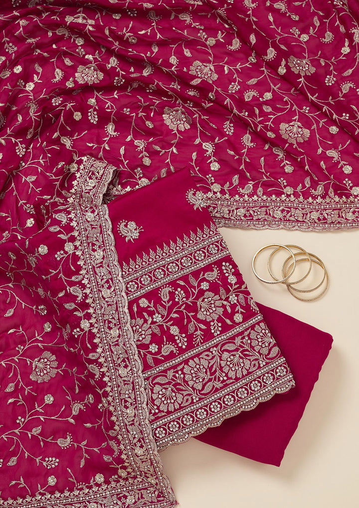 Rani Pink Zariwork (Silver) Semi Crepe Unstitched Salwar Suit