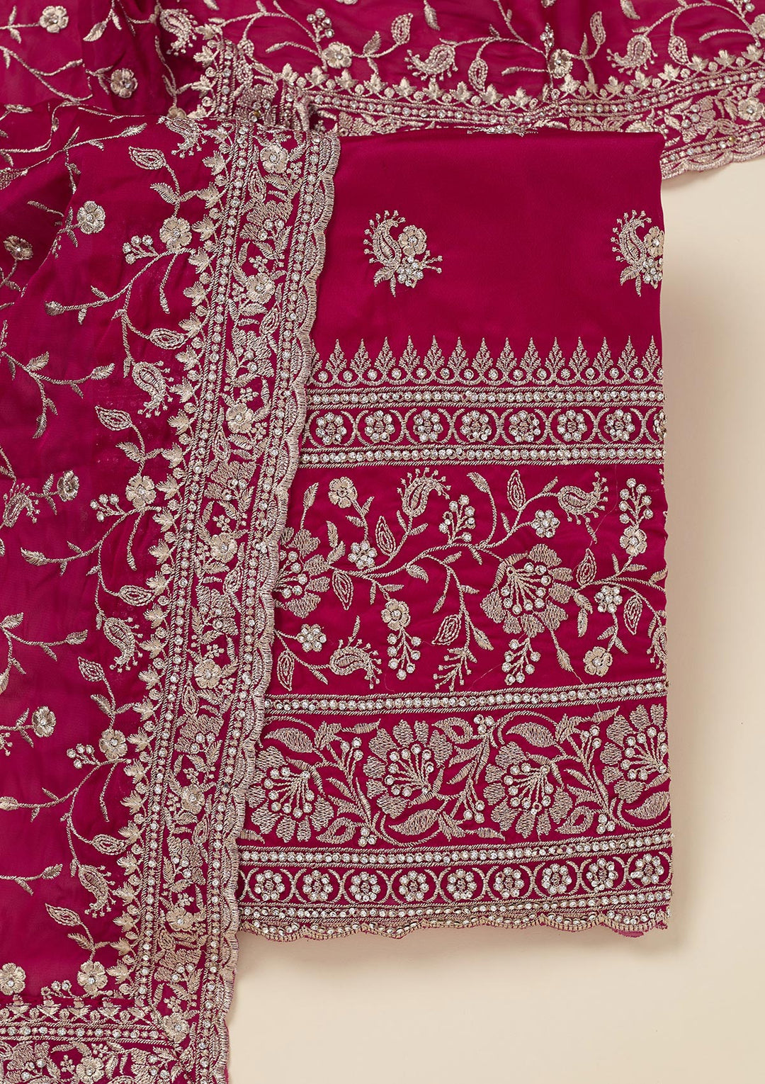 Rani Pink Zariwork (Silver) Semi Crepe Unstitched Salwar Suit