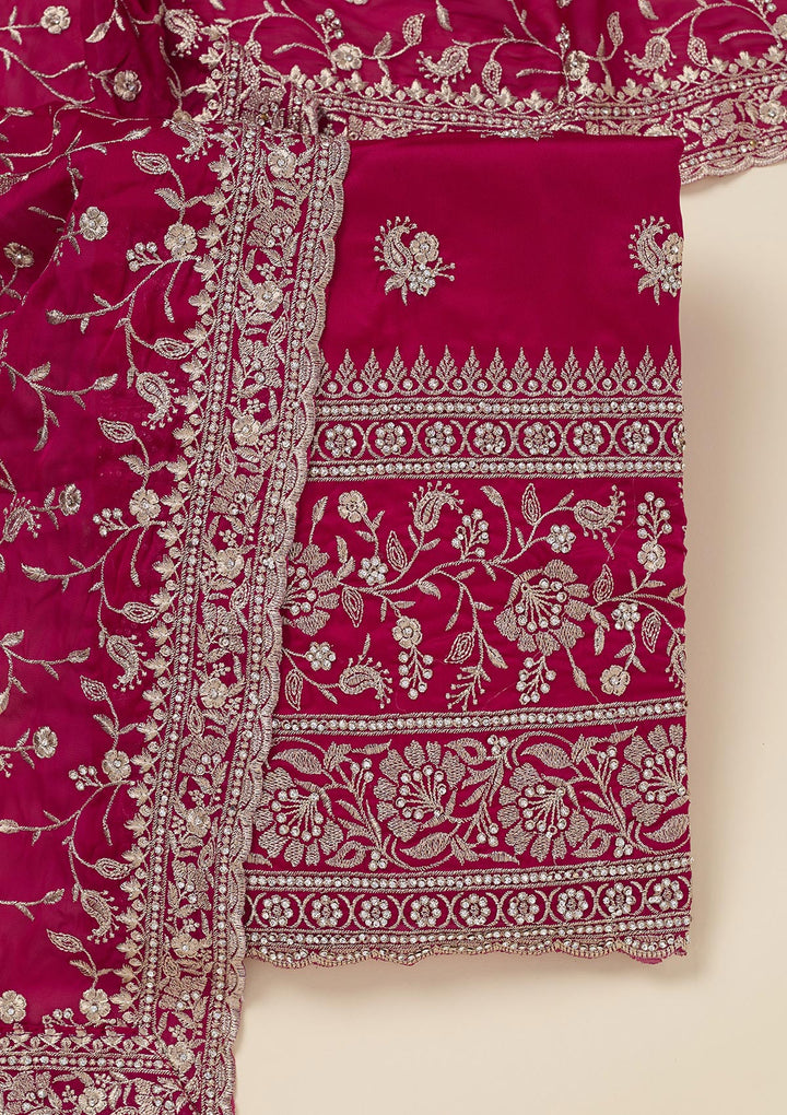 Rani Pink Zariwork (Silver) Semi Crepe Unstitched Salwar Suit