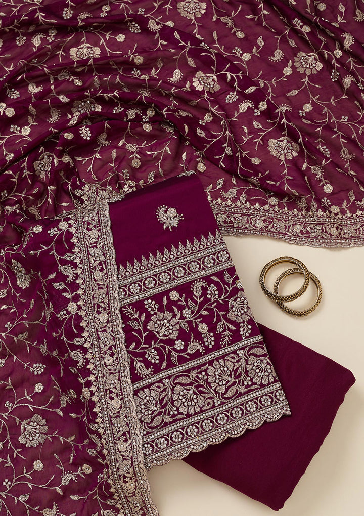 Wine Zariwork (Silver) Semi Crepe Unstitched Salwar Suit
