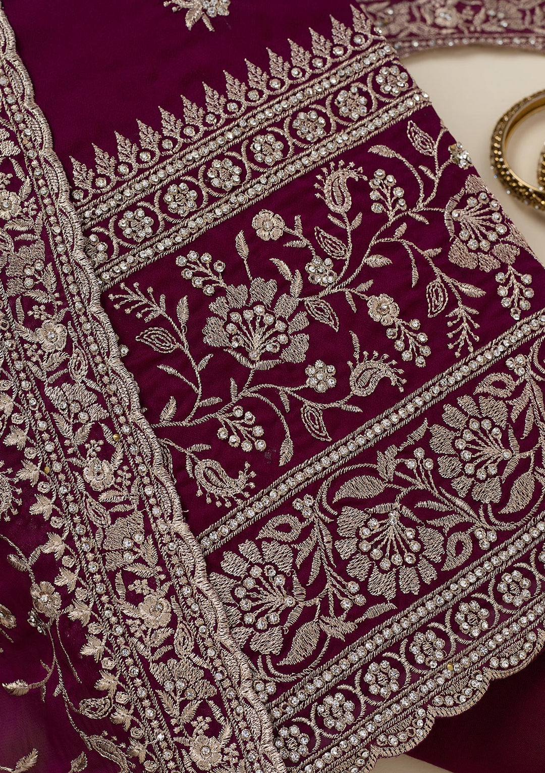 Wine Zariwork (Silver) Semi Crepe Unstitched Salwar Suit