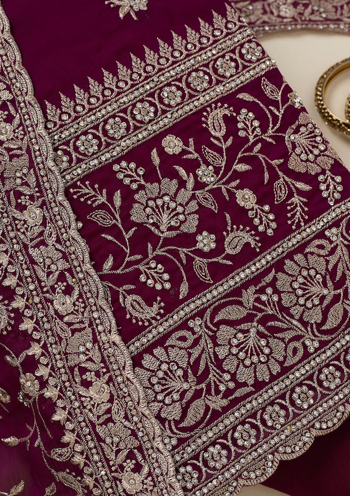 Wine Zariwork (Silver) Semi Crepe Unstitched Salwar Suit