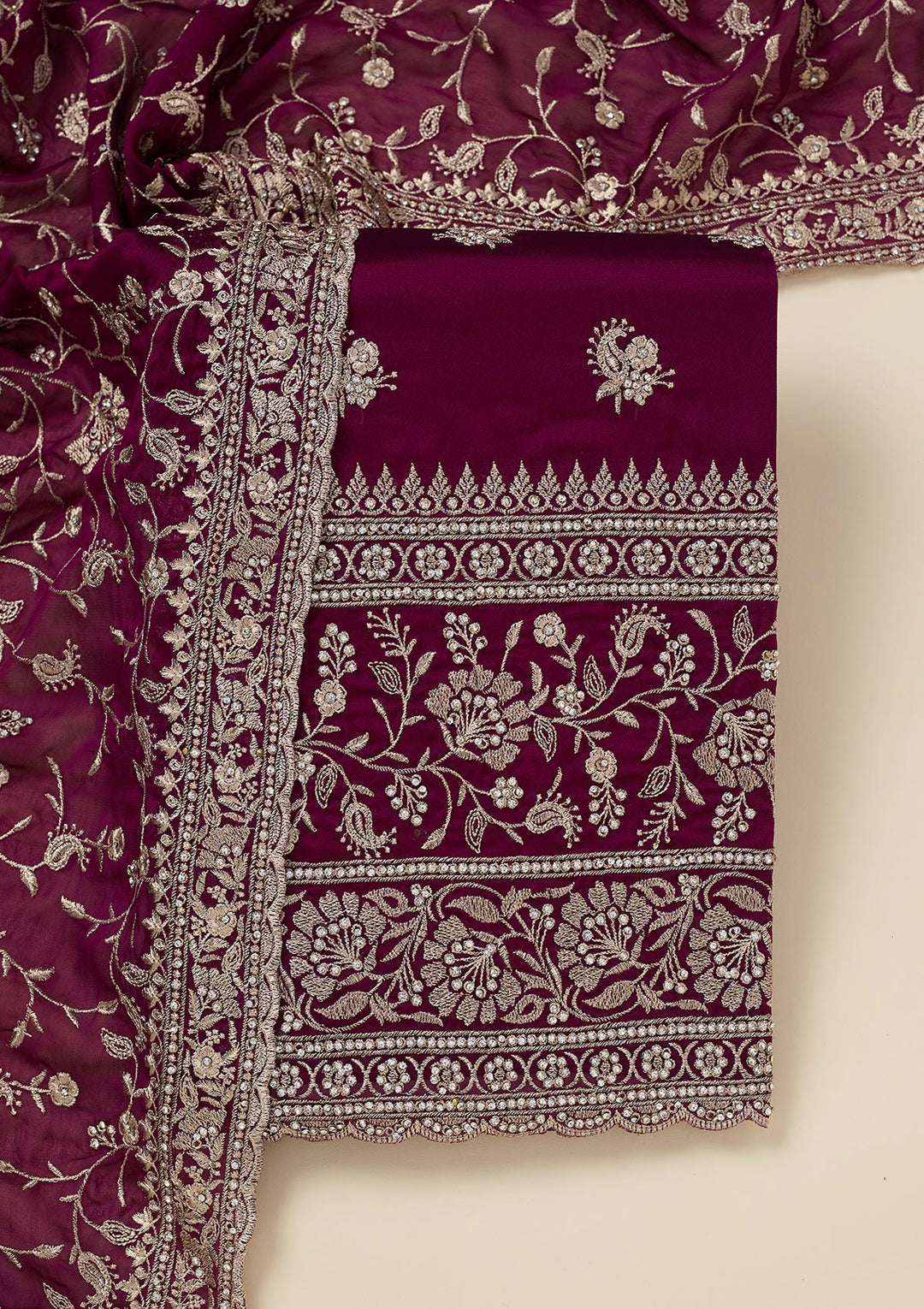 Wine Zariwork (Silver) Semi Crepe Unstitched Salwar Suit