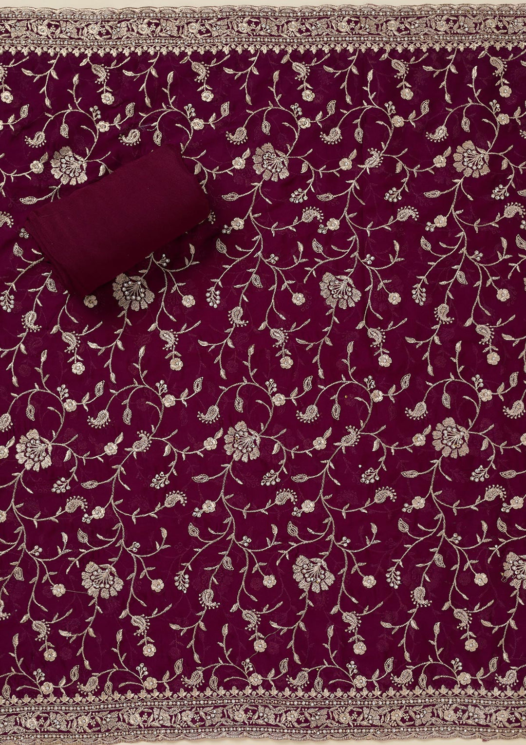 Wine Zariwork (Silver) Semi Crepe Unstitched Salwar Suit