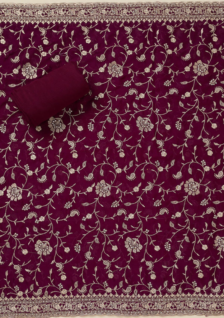 Wine Zariwork (Silver) Semi Crepe Unstitched Salwar Suit