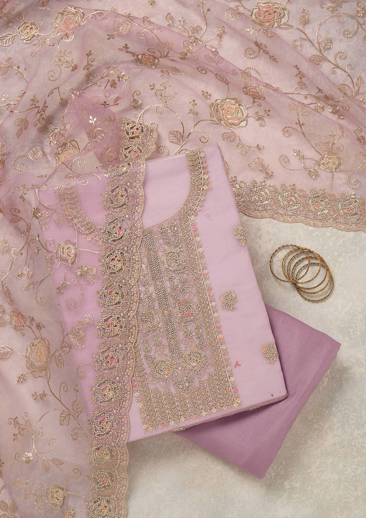 Lavender Zariwork (Gold) Organza Unstitched Salwar Suit