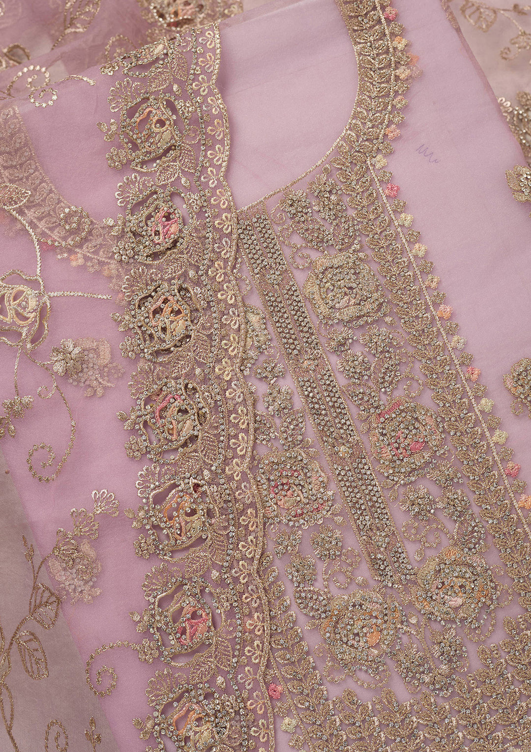 Lavender Zariwork (Gold) Organza Unstitched Salwar Suit