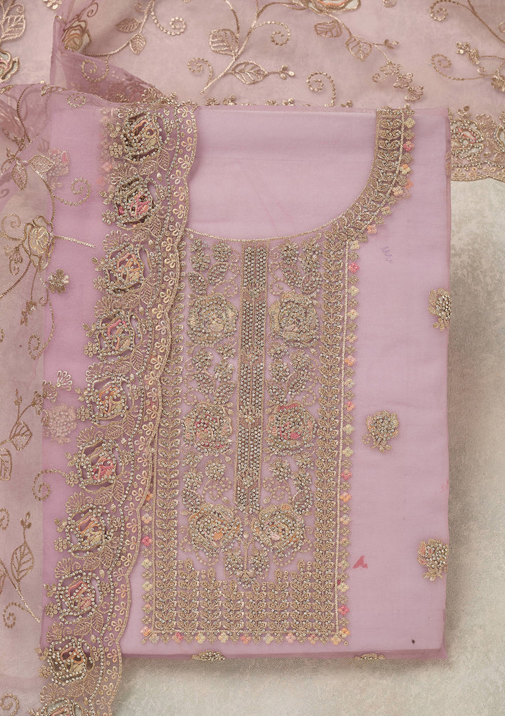Lavender Zariwork (Gold) Organza Unstitched Salwar Suit