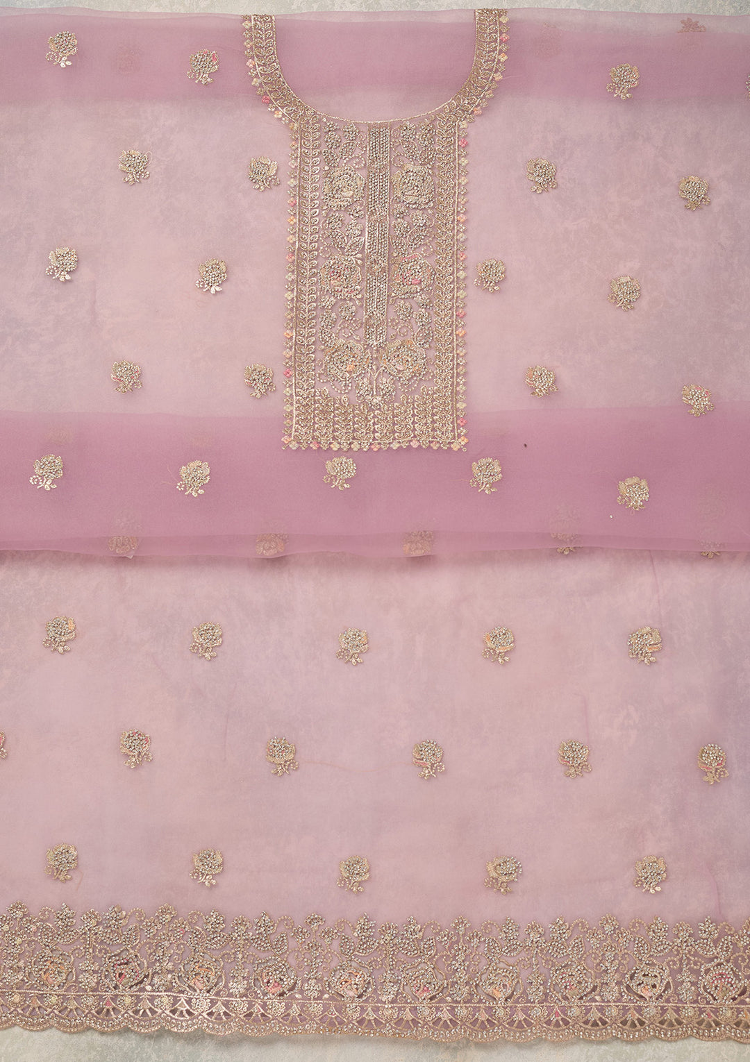 Lavender Zariwork (Gold) Organza Unstitched Salwar Suit
