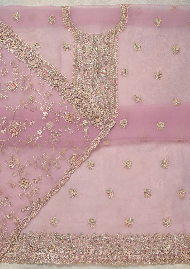 Lavender Zariwork (Gold) Organza Unstitched Salwar Suit
