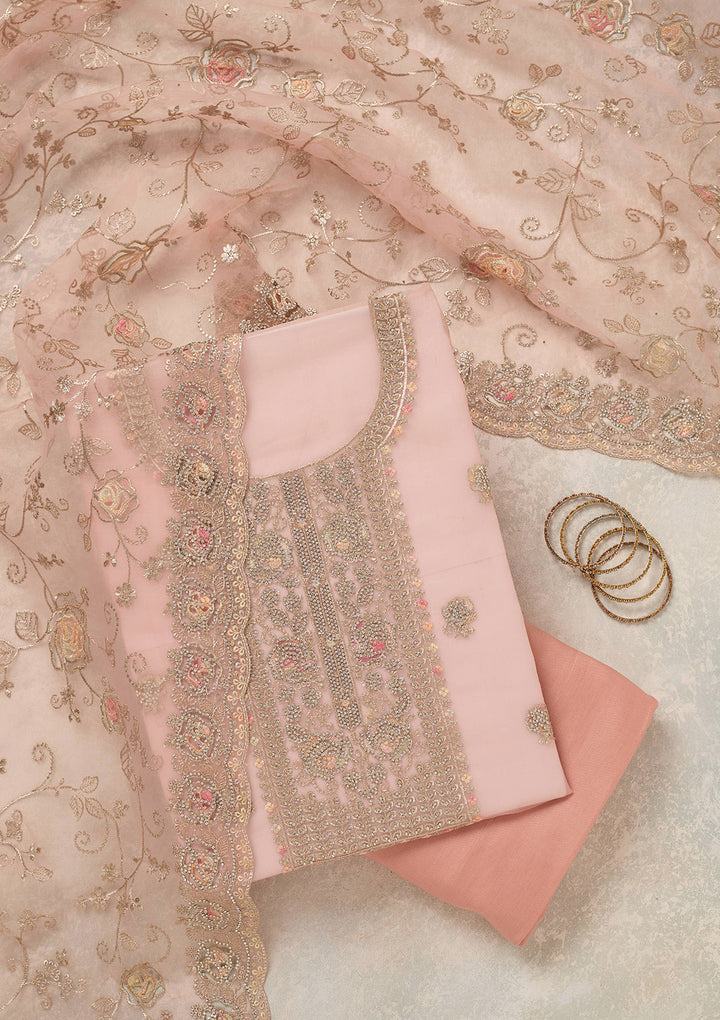 Peach Zariwork (Gold) Organza Unstitched Salwar Suit
