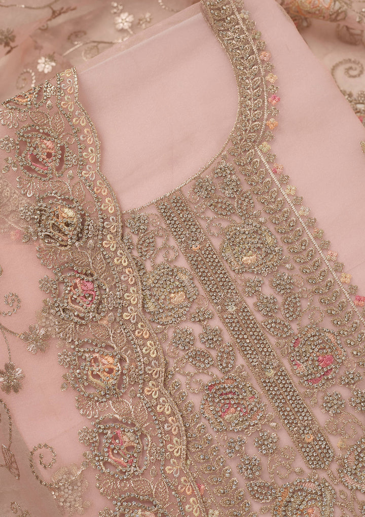 Peach Zariwork (Gold) Organza Unstitched Salwar Suit
