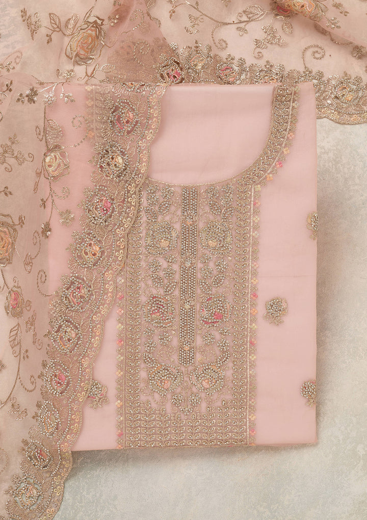 Peach Zariwork (Gold) Organza Unstitched Salwar Suit