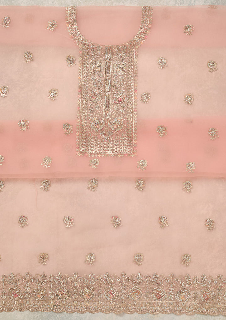 Peach Zariwork (Gold) Organza Unstitched Salwar Suit
