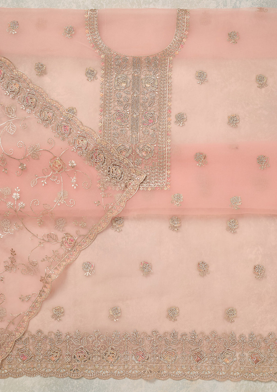 Peach Zariwork (Gold) Organza Unstitched Salwar Suit