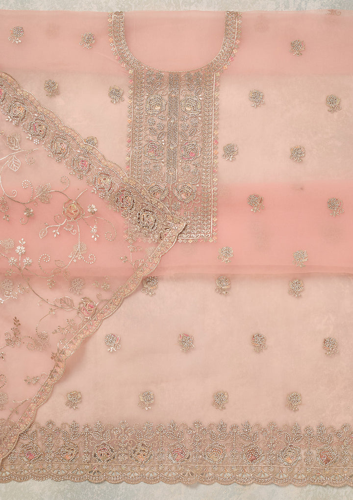 Peach Zariwork (Gold) Organza Unstitched Salwar Suit