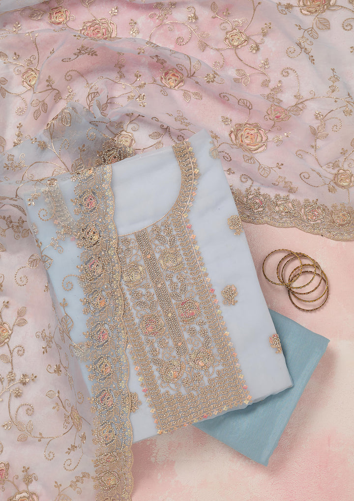 Sky Blue Zariwork (Gold) Organza Unstitched Salwar Suit
