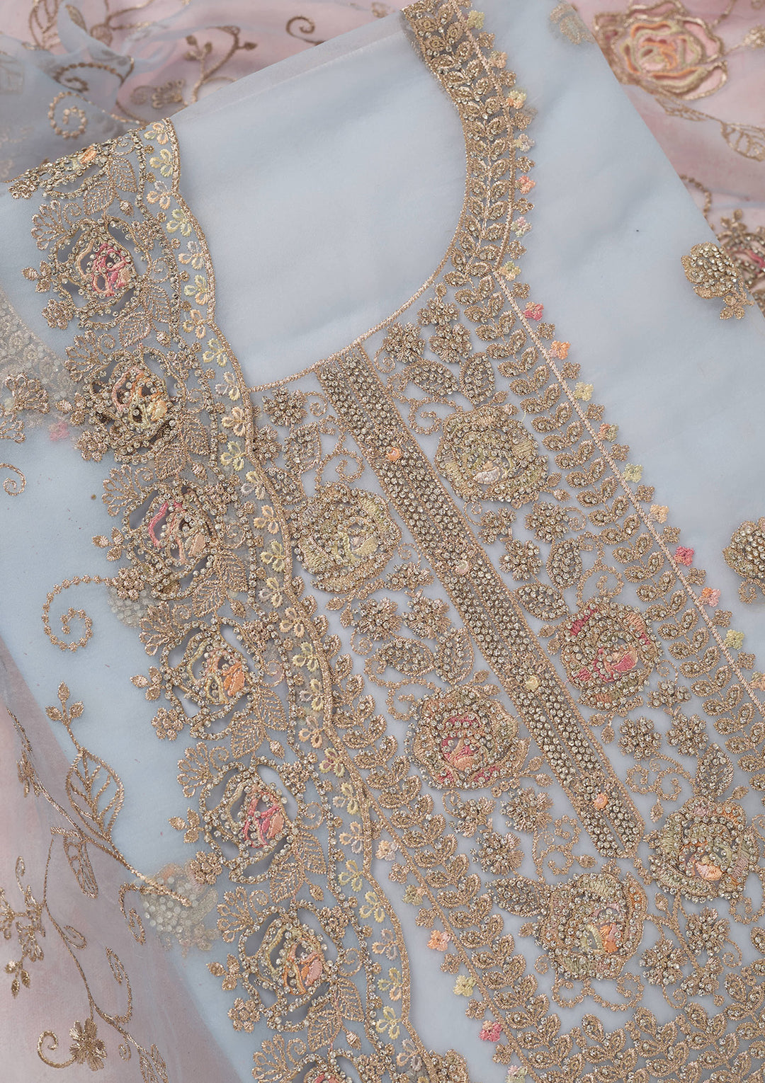 Sky Blue Zariwork (Gold) Organza Unstitched Salwar Suit