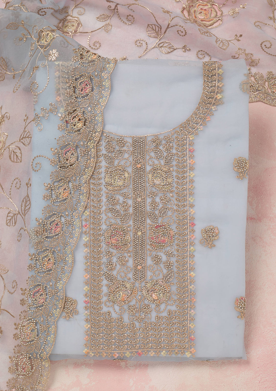 Sky Blue Zariwork (Gold) Organza Unstitched Salwar Suit