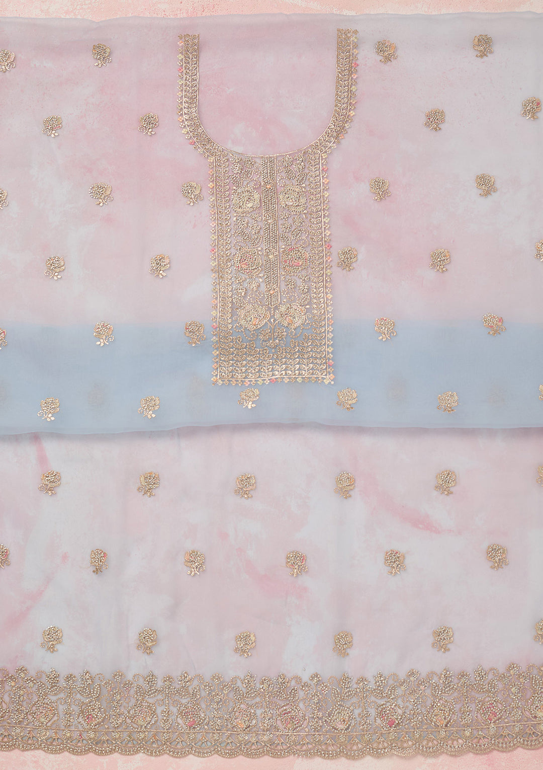 Sky Blue Zariwork (Gold) Organza Unstitched Salwar Suit