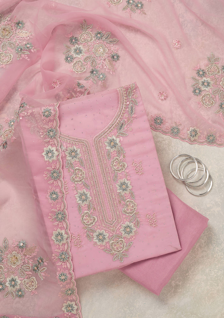 Baby Pink Zariwork (Silver) Organza Unstitched Salwar Suit