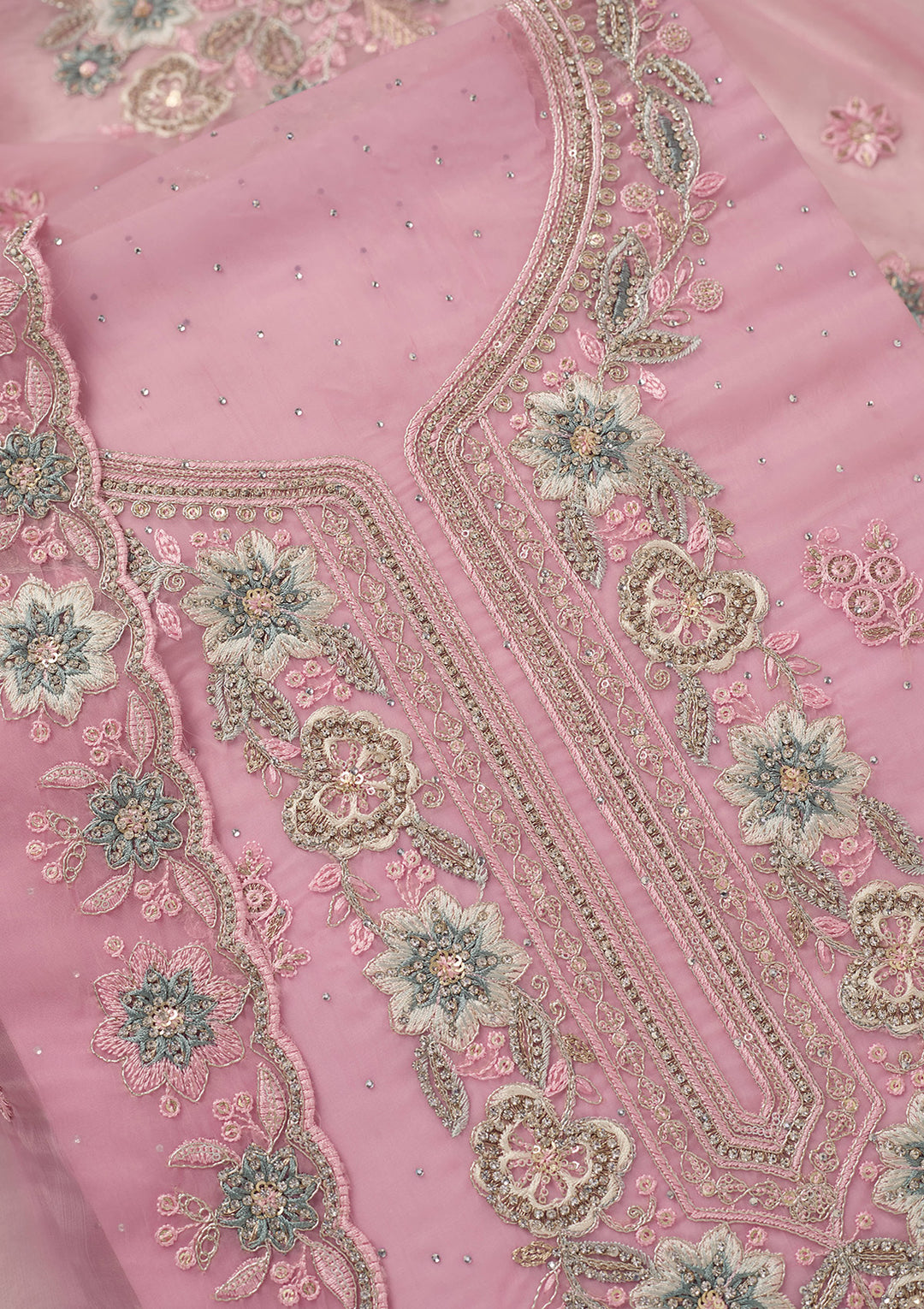 Baby Pink Zariwork (Silver) Organza Unstitched Salwar Suit