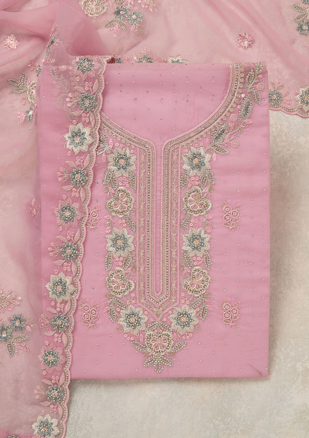 Baby Pink Zariwork (Silver) Organza Unstitched Salwar Suit