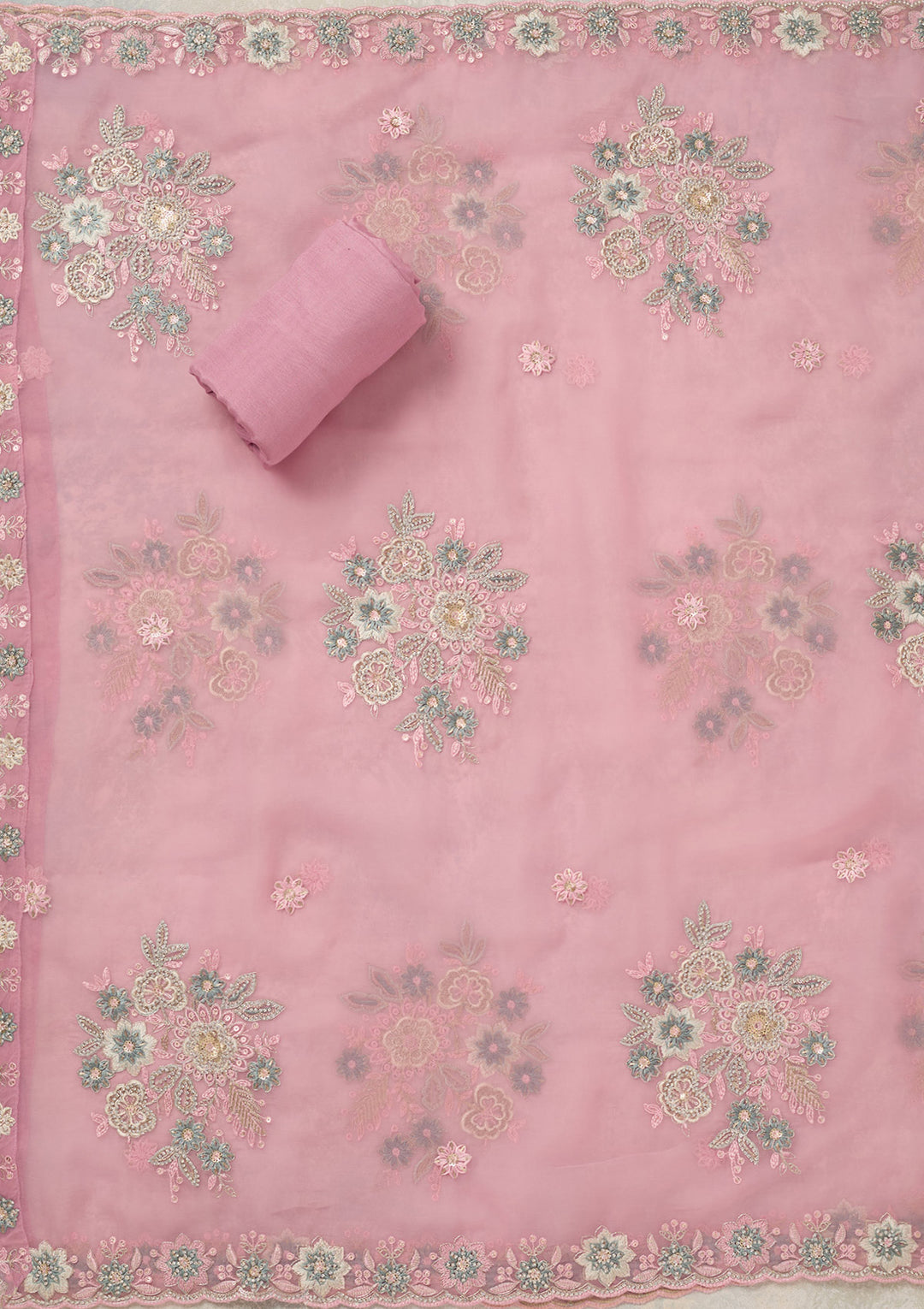 Baby Pink Zariwork (Silver) Organza Unstitched Salwar Suit