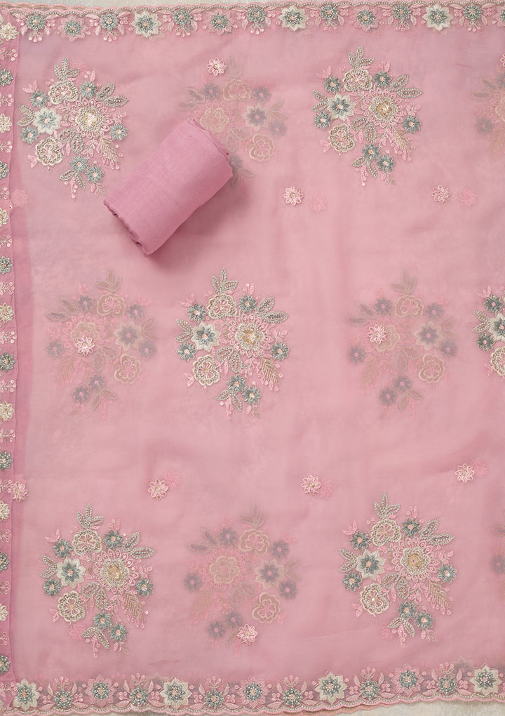 Baby Pink Zariwork (Silver) Organza Unstitched Salwar Suit