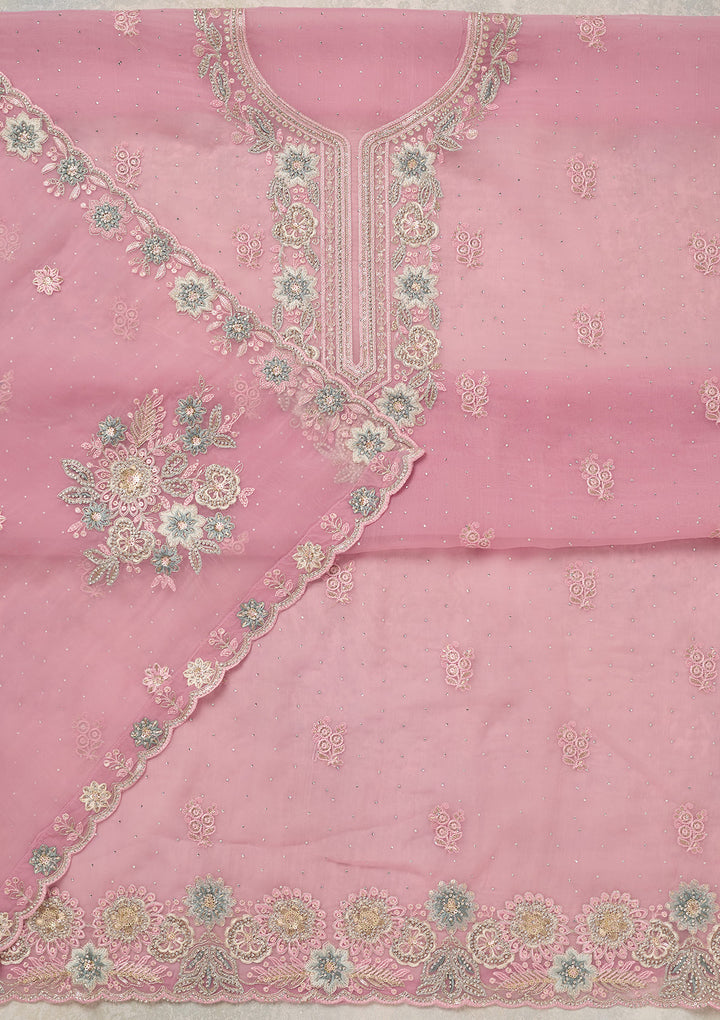 Baby Pink Zariwork (Silver) Organza Unstitched Salwar Suit